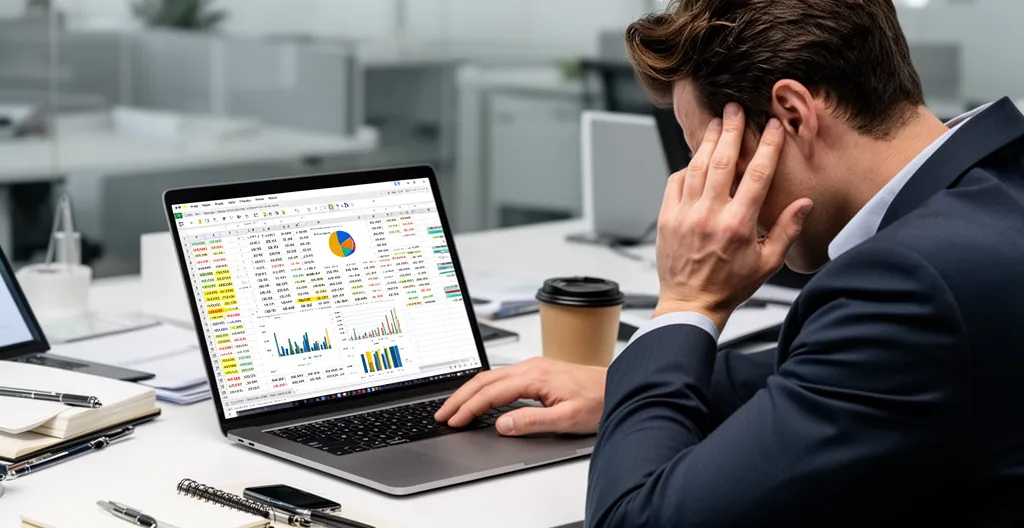 Finance professional at laptop showing visible frustration while reviewing spreadsheet