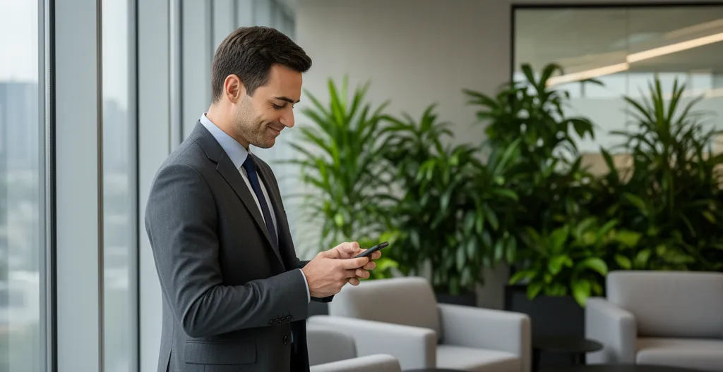Sales professional standing near window checking smartphone with satisfied expression