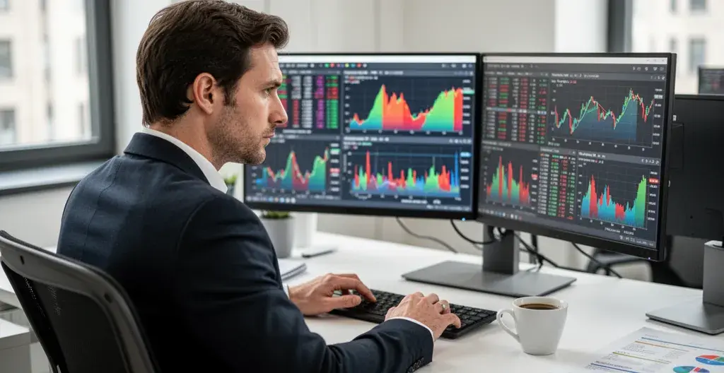 Finance professional analysing sales performance data on dual monitors