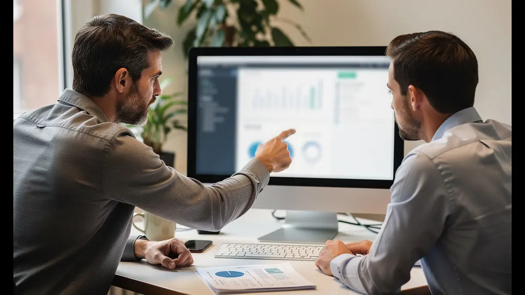 Finance and RevOps professionals collaborating while reviewing commission data on shared screen