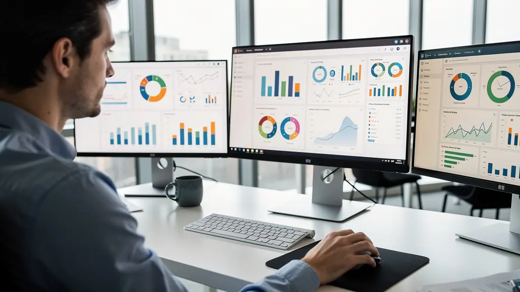 Revenue operations professional reviewing commission software dashboard in modern office