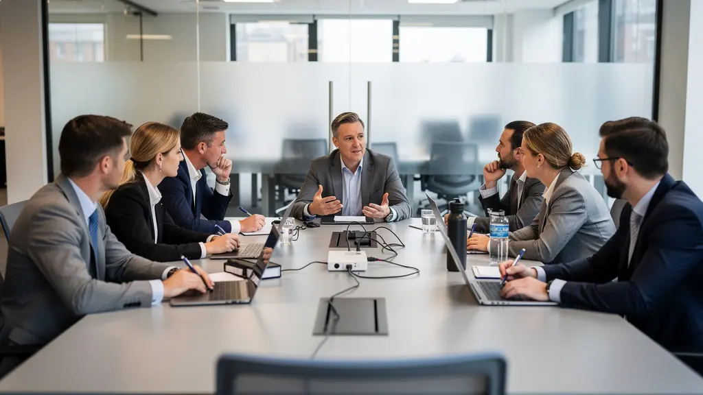 Sales team members in animated discussion around conference table addressing compensation concerns