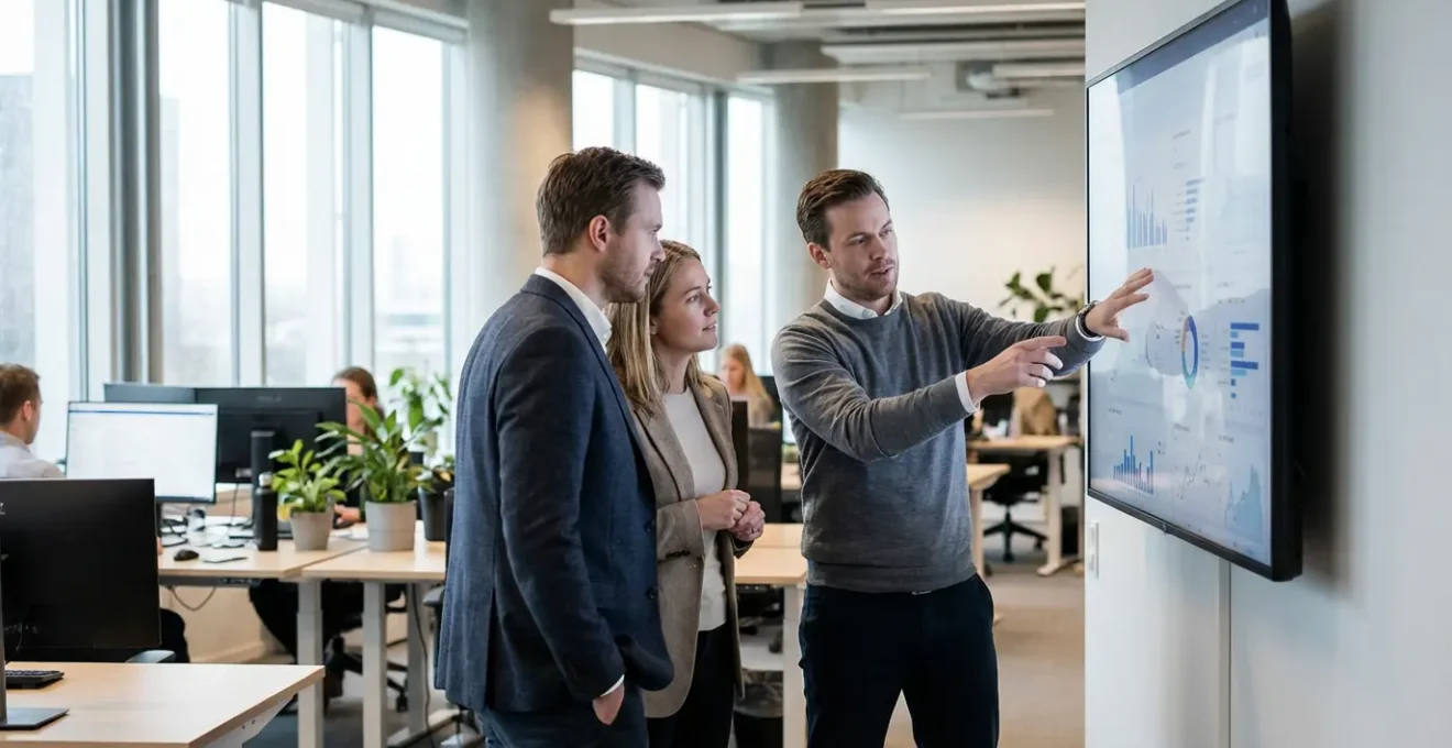 Professionals reviewing sales performance dashboard in modern office