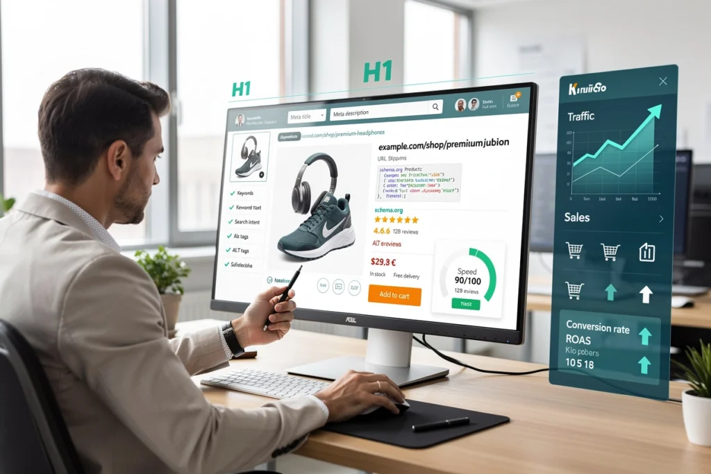 Un homme analyse les fiches produits du site e-commerce de son entreprise