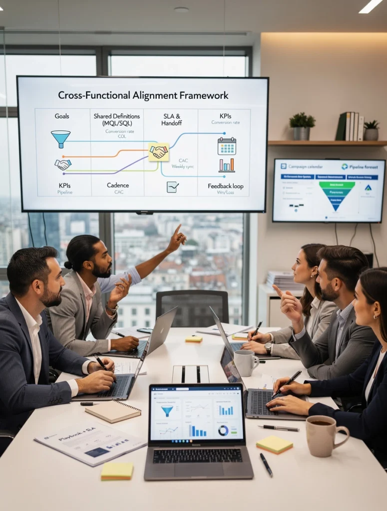 une réunion entre plusieurs personnes a lieu autour du Cross-Functional alignment une réunion entre plusieurs personnes a lieu autour du Cross-Functional alignment