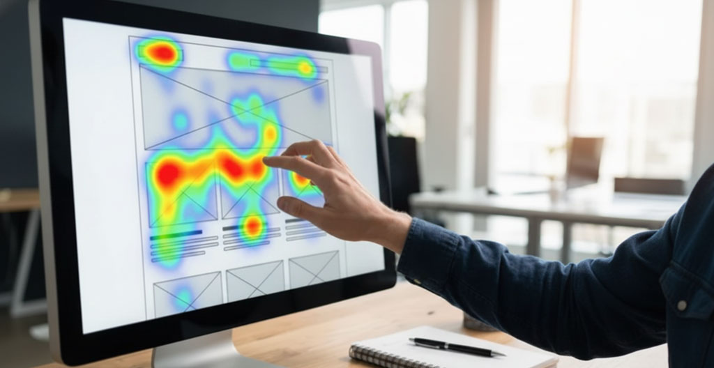 Flat design illustration of a webpage wireframe with a heatmap overlay showing red hot spots in unexpected areas and cooler zones on traditional clickable elements.